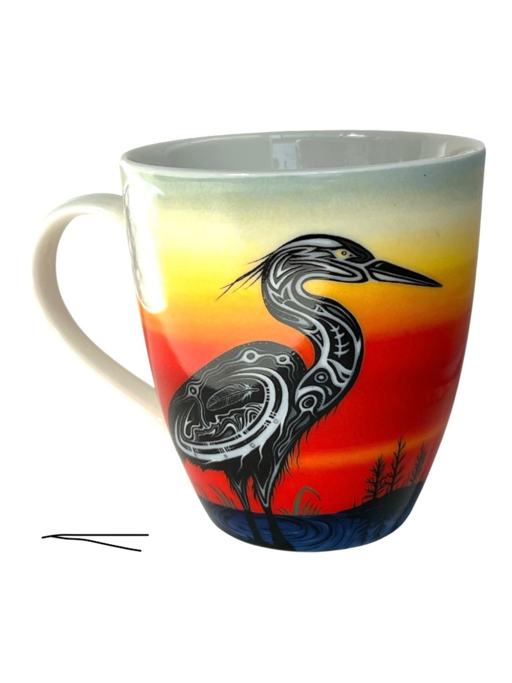 Indigenous Art Signature Mug Crane Clan J. George Sunset Heron 16 ozs Colourful